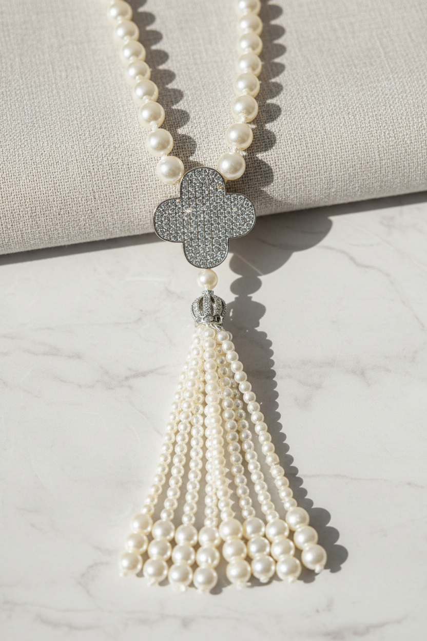 Silver Clover Pearl Maala