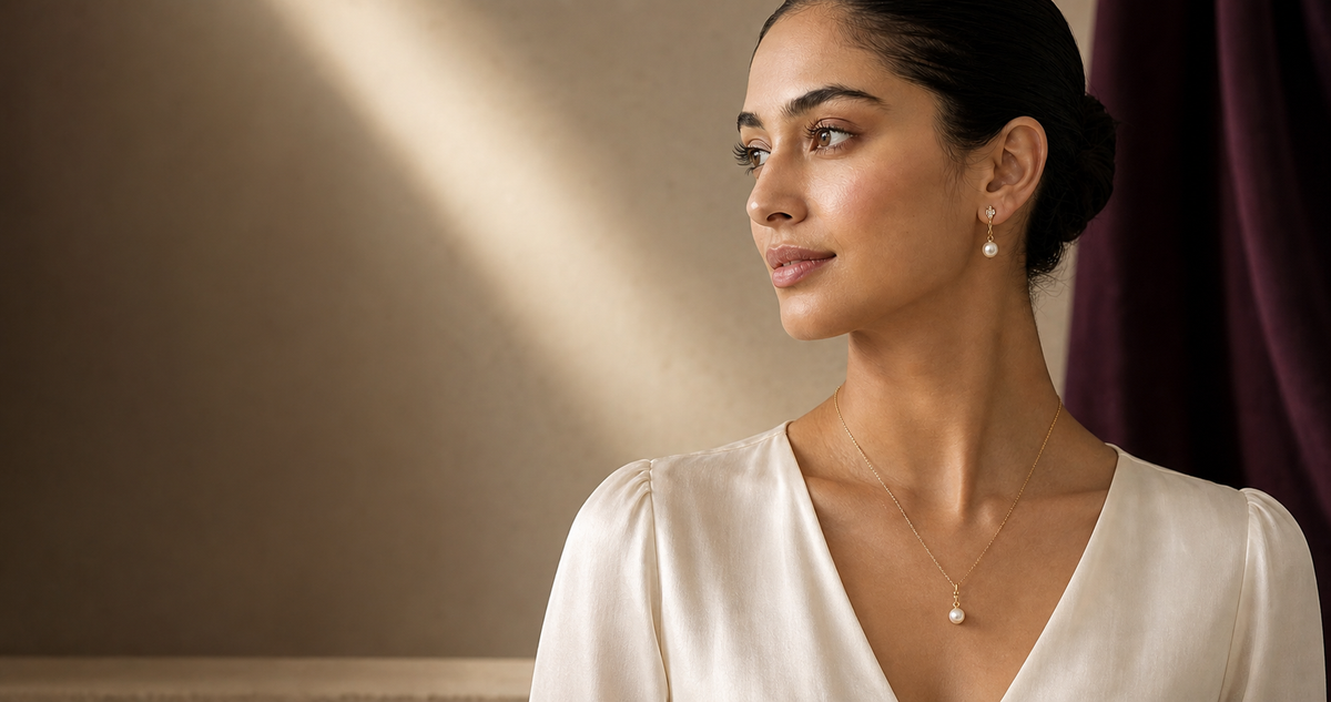 South Asian woman wearing pearl-drop Arayeh jewelry available to order online in Pakistan