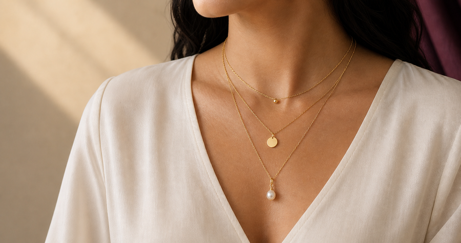 Layered gold-toned Arayeh necklaces on ivory silk